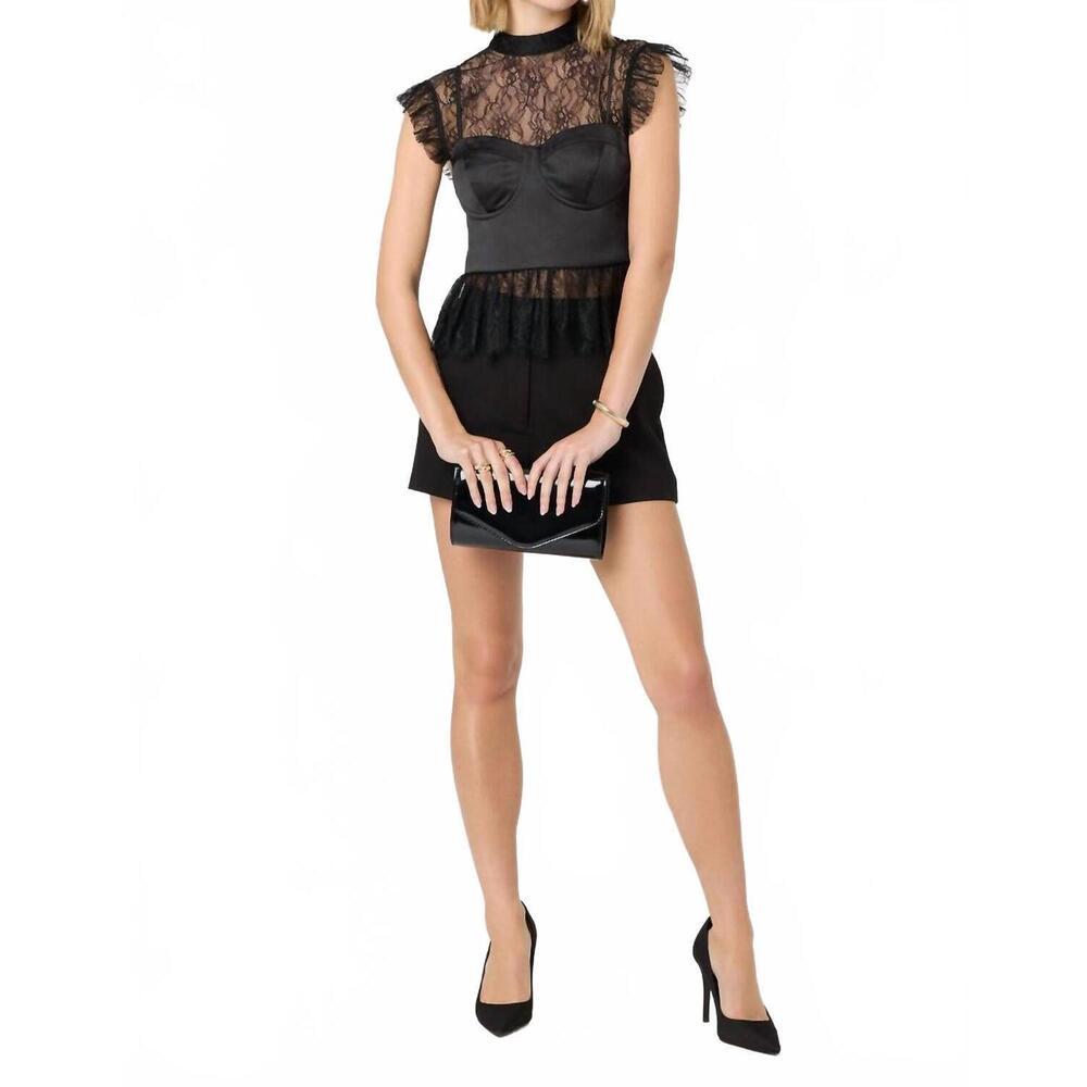 Astr Black Lace Mock Neck Short Sleeve Peplum Top with Sheer Yoke